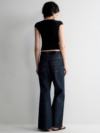 RUN TO THE FUTURE Durable Washed Casual Low Rise Wide Leg Dark Denim Flare Jeans