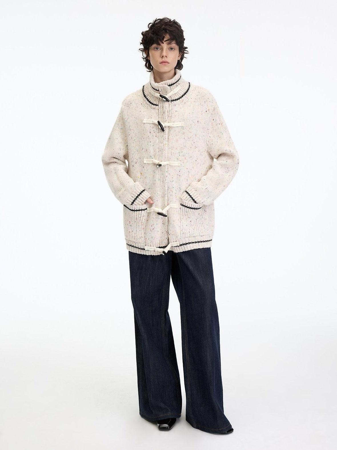 RUN TO THE FUTURE Viscose Wool Blend Button Cardigan Stand Collar Loose Fit Women Apricot Sweaters