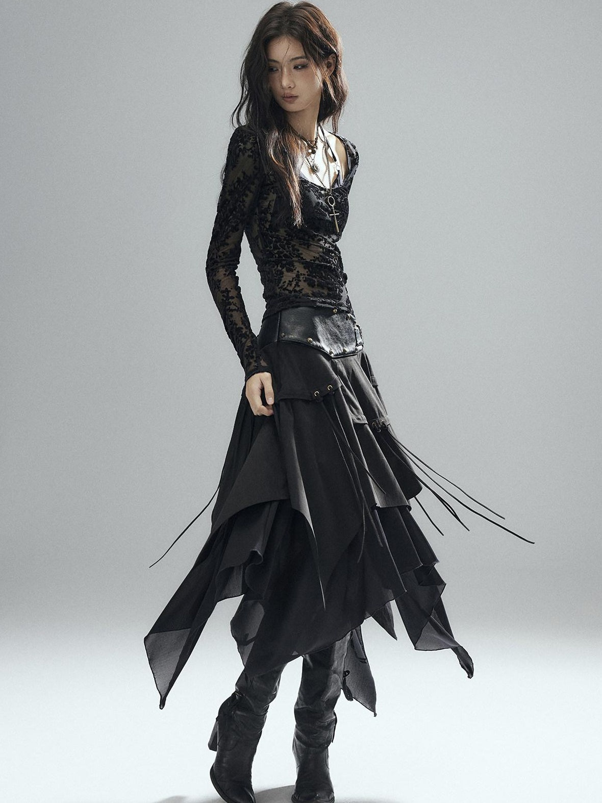 Low pixel Sexy Low Waist Asymmetrical A Line Zipper Black Woven Polyester Midi Skirts