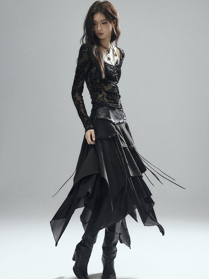Low pixel Sexy Low Waist Asymmetrical A Line Zipper Black Woven Polyester Midi Skirts