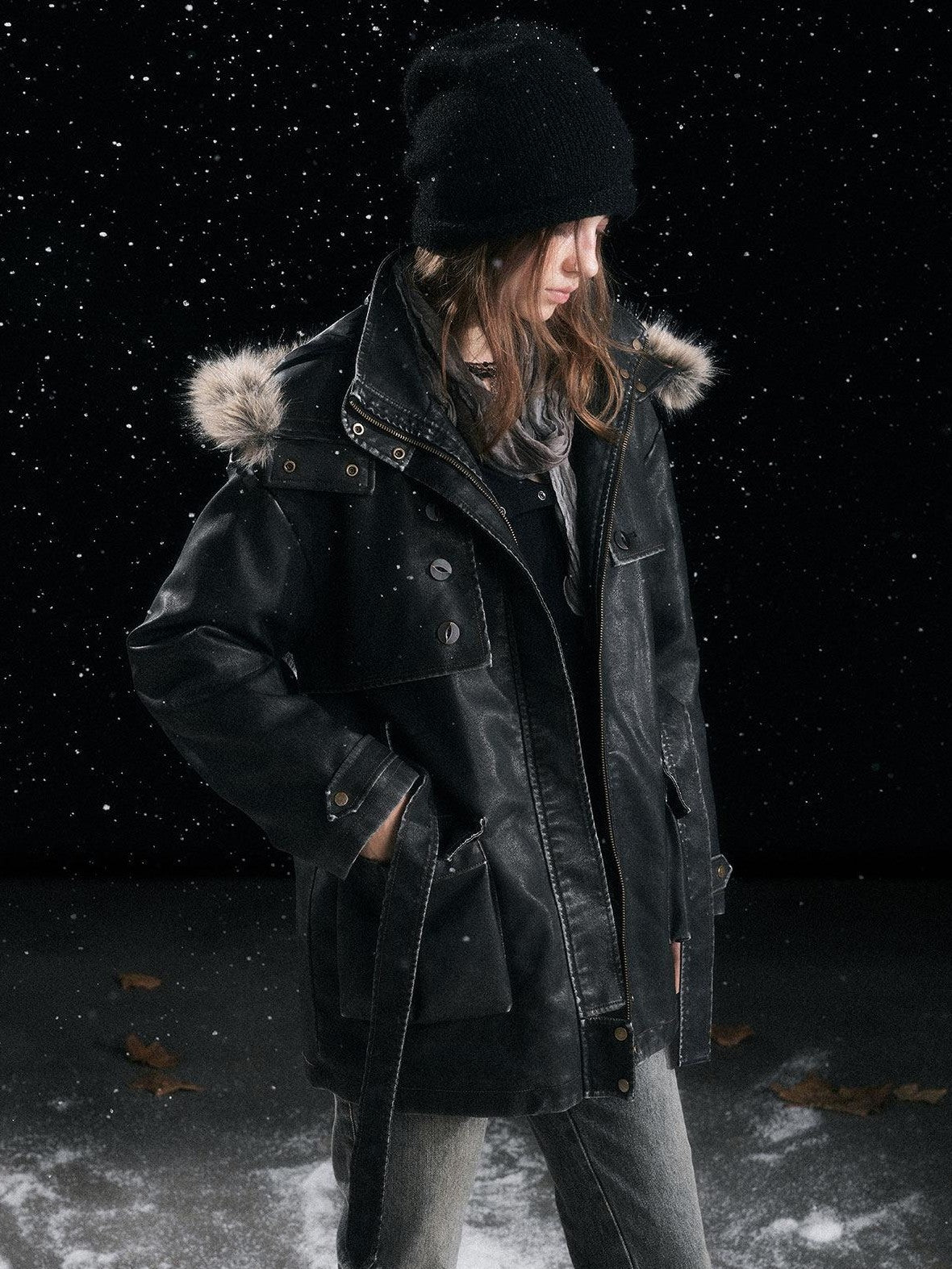 Cest Nous Fur Collar Hooded Utility Distressed Women&