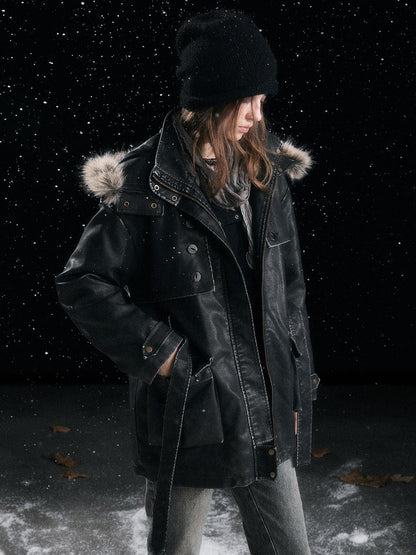 Cest Nous Fur Collar Hooded Utility Distressed Women&