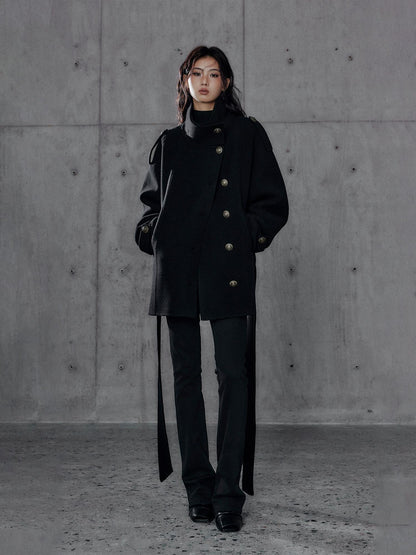 Low pixel Warm Oversized Street Midlength Notch Lapel Wool Cashmere Black Wool Coats