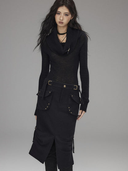 Low pixel Wool Blend Low Rise Cargo Pockets Front Slit Hline Casual Black Midi Skirts