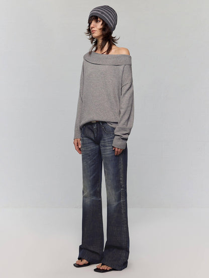 RUN TO THE FUTURE Vintage Commuter Loose Tie Asymmetric Neck Women Grey Knit Long Sleeve T-Shirts