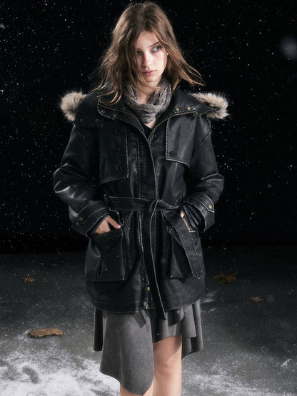 Cest Nous Fur Collar Hooded Utility Distressed Women&