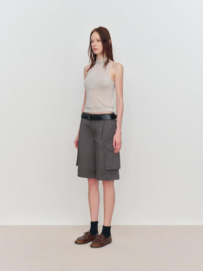 RUN TO THE FUTURE Low Rise Pockets Wide Leg Loose Cotton Women Dark Gray Zip Fly Short Trousers