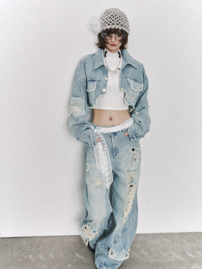 Frustration Garden Light Blue Washed Distressed Ripped Frayed Hem Women&