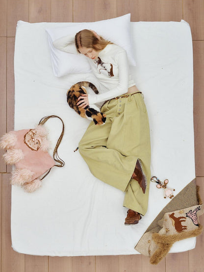 OuttheBlue Cute Edgy Cat Print Square Single Shoulder Women Vintage Pink Khaki Tote Bags
