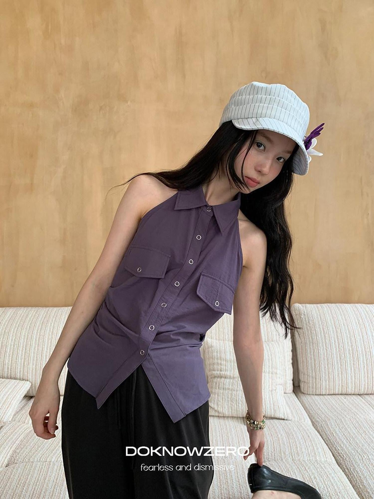 DKZ OFFICIAL Purple Halter Neck Shirt Style Lapel Collar Tie Waist Women&