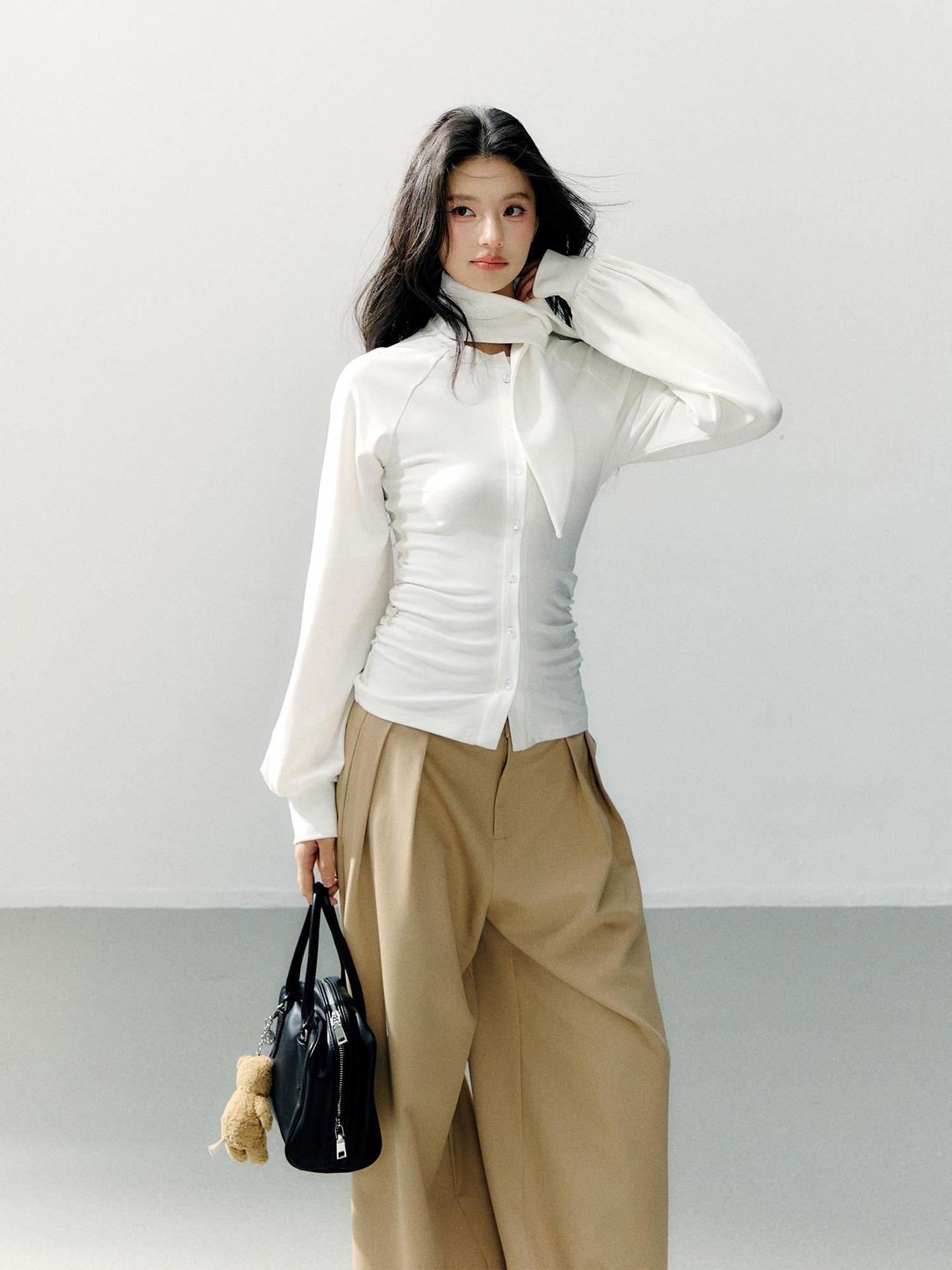 7Shiftin Cotton Bow Tie Fitted Waist Casual Cropped Long Sleeve Women White Blouses