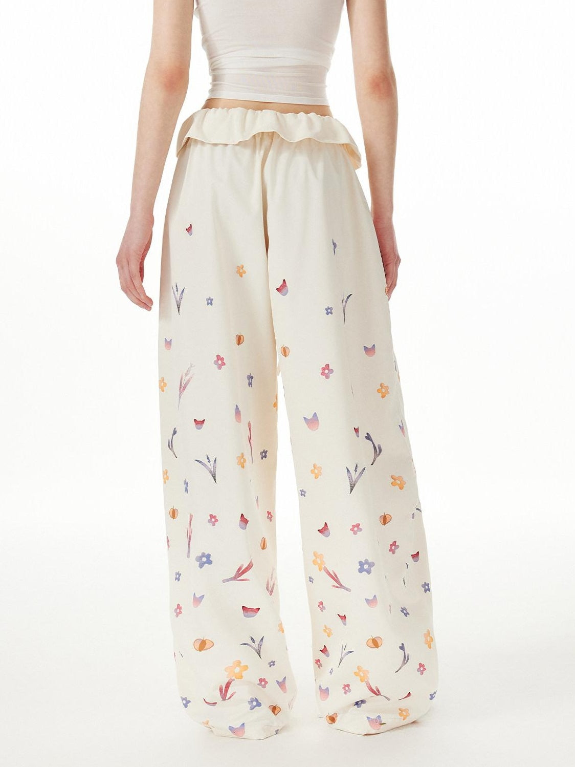 OuttheBlue Cute Cat Floral Print Sweet Natural Waist Long Polyester Women Straight Pants