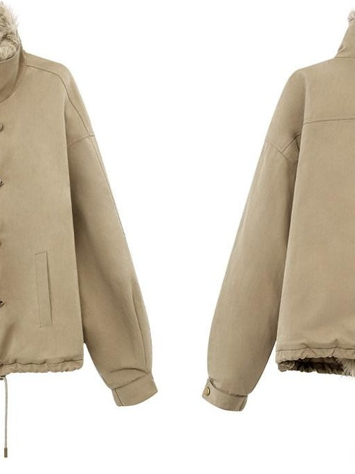 RUN TO THE FUTURE Thick Cotton Fill Fur Collar Loose Fit Commuter Solid Zip Puffer Jackets