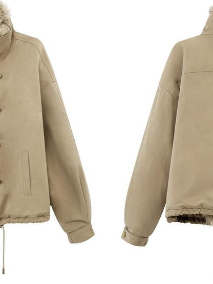 RUN TO THE FUTURE Thick Cotton Fill Fur Collar Loose Fit Commuter Solid Zip Puffer Jackets