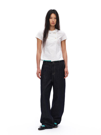 oinimi White Double Button Peter Pan Collar Slim Fit Short Sleeve Women&