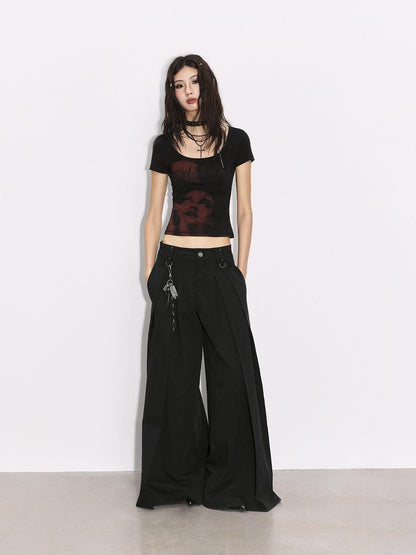 Low pixel Pleated Low Waist Relaxed Cotton Blend Black Women Wide Leg Pants