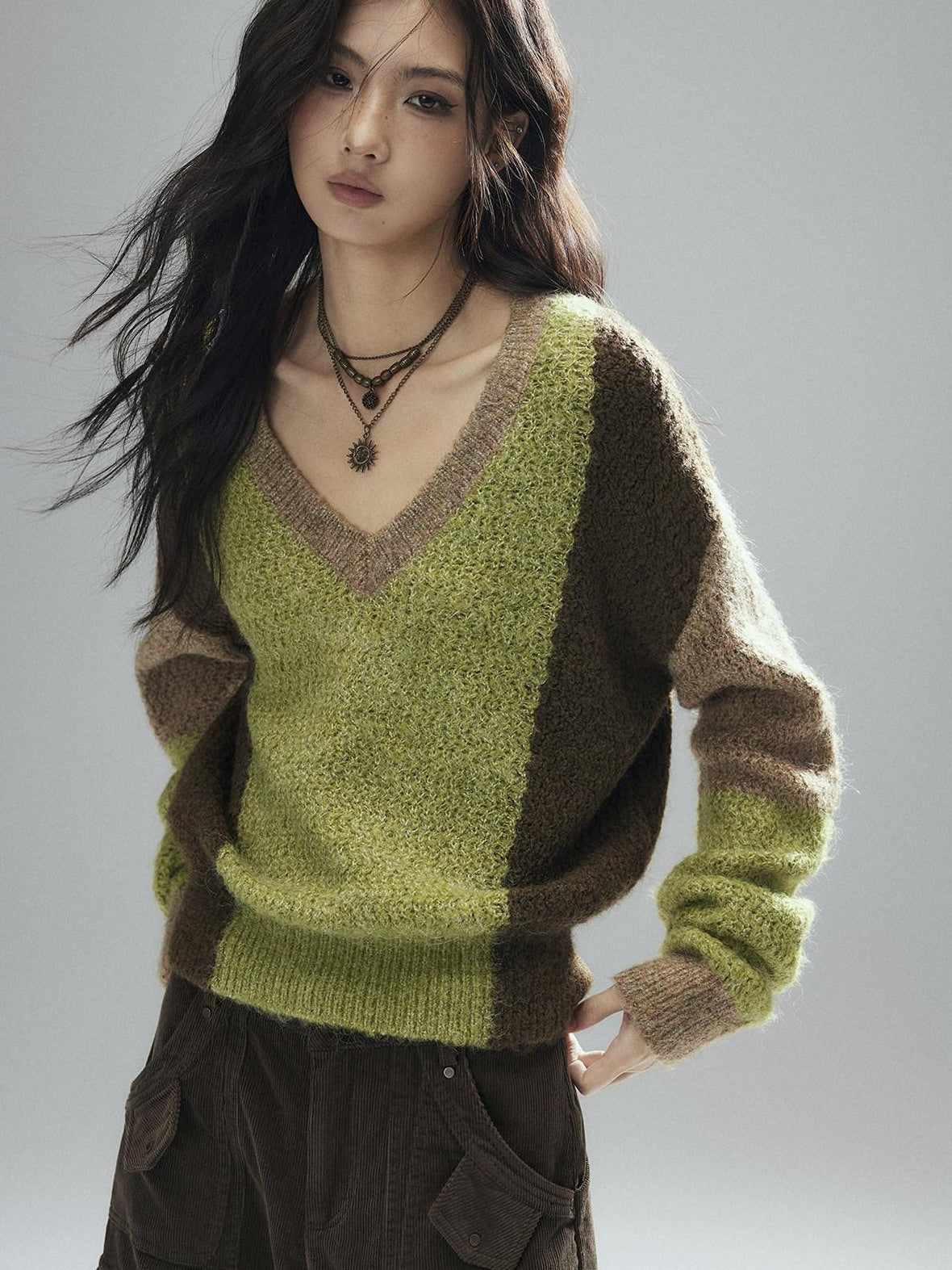 Low pixel Thick Sheep Wool Patchwork Streetwear Loose Fit V-neck Pullover Youth Sweaters