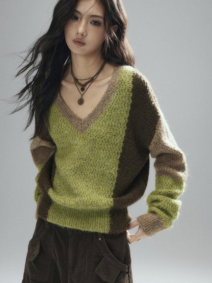 Low pixel Thick Sheep Wool Patchwork Streetwear Loose Fit V-neck Pullover Youth Sweaters