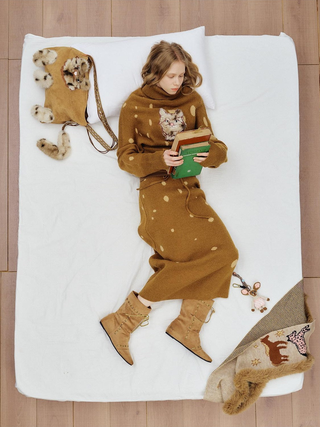 OuttheBlue Cozy Turtleneck Pullover Waist Cinched Casual Animal Print Knit Top &amp; Skirt Sets