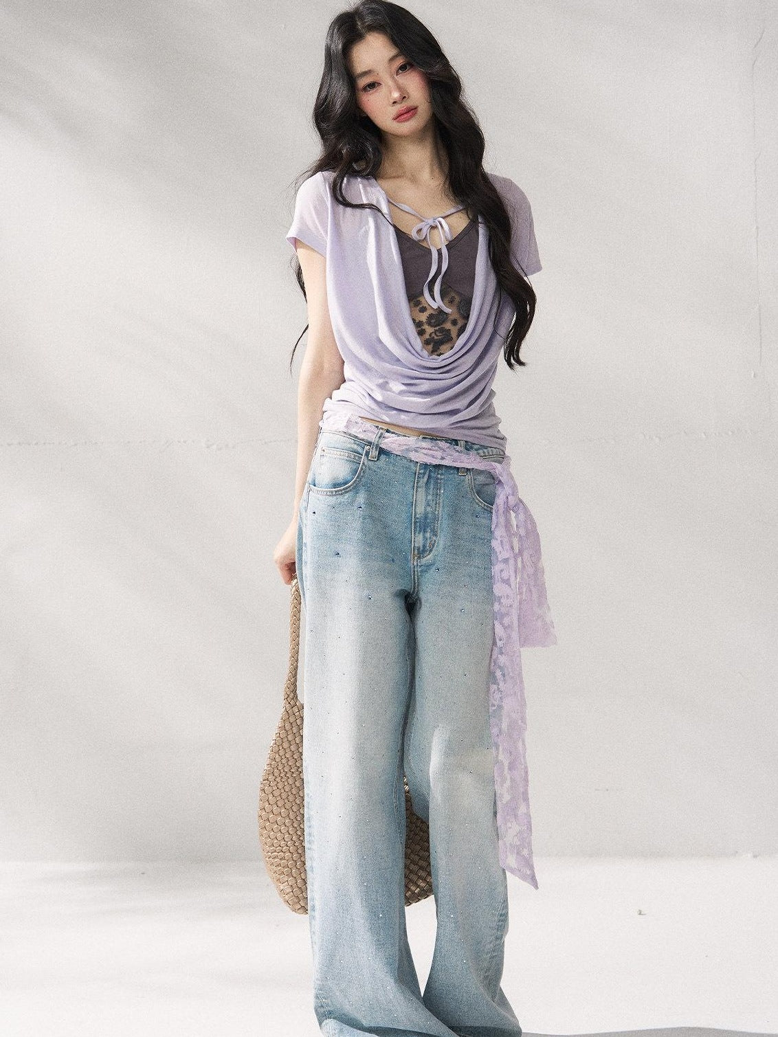 7Shiftin Purple Tie Front Relaxed Crew Neck Short Sleeve Casual Women Basic Crop Tops