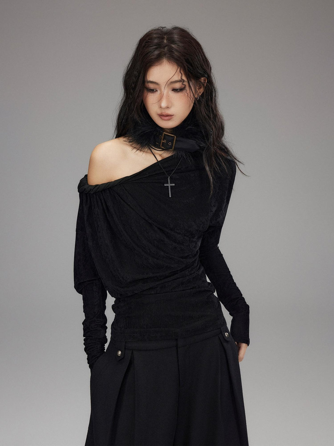 Low pixel Vintage Waist Long Sleeve Slant Neck Black Knit Women Off Shoulder Crop Tops
