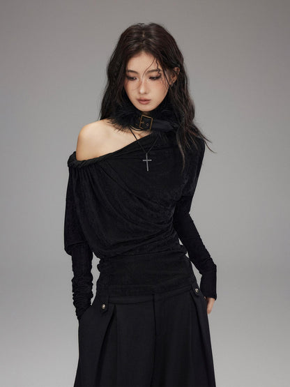 Low pixel Vintage Waist Long Sleeve Slant Neck Black Knit Women Off Shoulder Crop Tops