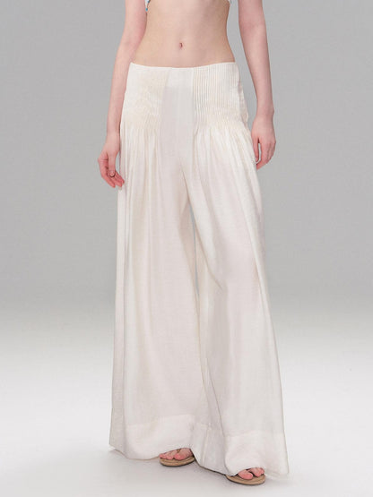 The NeverMore Lightweight Linen Blend Pleated Mid Waist Casual Women Off White Wide Leg Pants