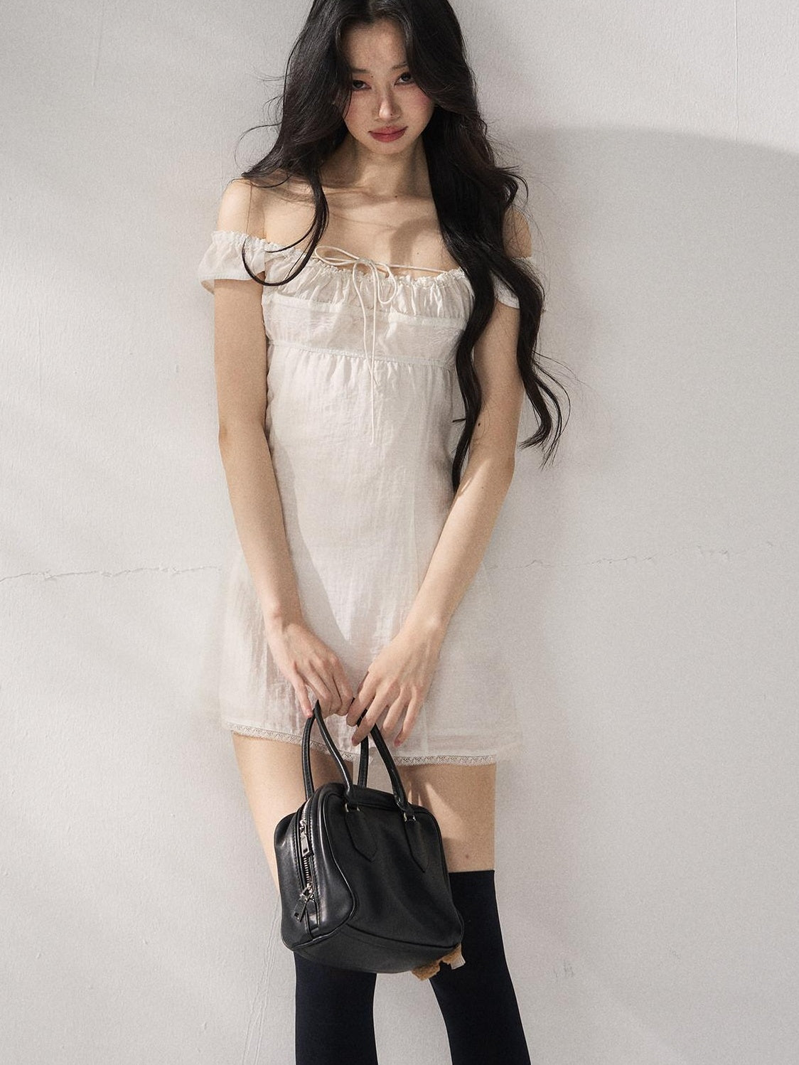 7Shiftin Cinched Tie Waist Minimalist Sleeveless A Line Women White Mini Dresses