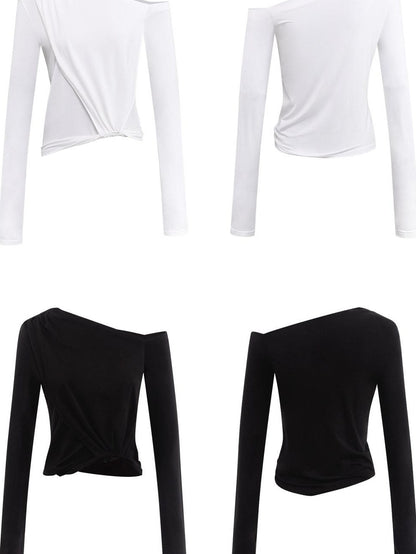 RUN TO THE FUTURE Moisture Wicking Lyocell Slim Asymmetric Neck Ruched Long Sleeve T-Shirts