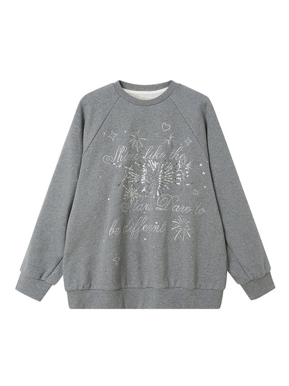 DIDDI MODA Sparkling Disco Embroidered Sweatshirt Asymmetrical Bow Shirt Set