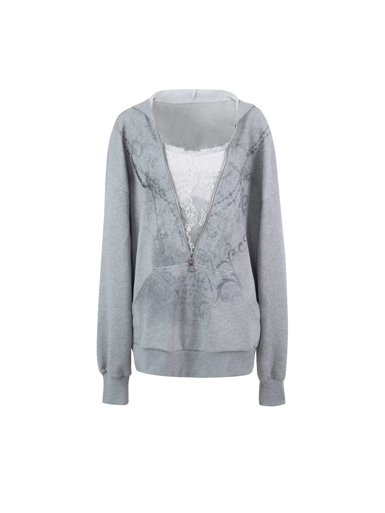Oversized Hooded Zip-Up Batwing Sweatshirt With Lace Detail