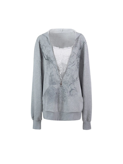 Oversized Hooded Zip-Up Batwing Sweatshirt With Lace Detail
