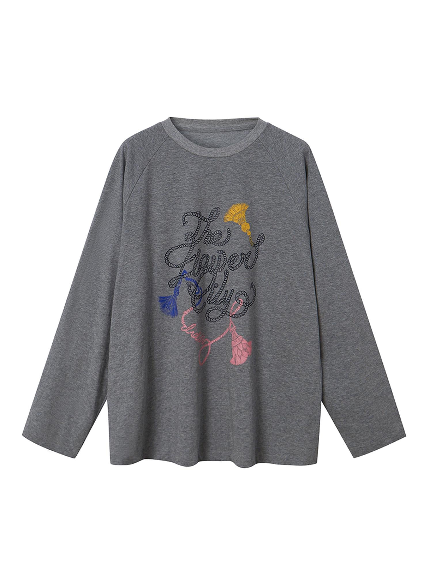 DIDDI MODA Fun Rope Colorful Wheat Print Oversized Knit Tee Bow Silk Blouse