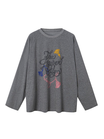 DIDDI MODA Fun Rope Colorful Wheat Print Oversized Knit Tee Bow Silk Blouse