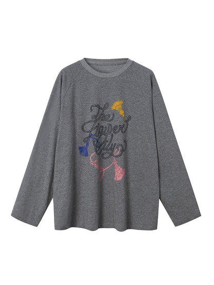 DIDDI MODA Fun Rope Colorful Wheat Print Oversized Knit Tee Bow Silk Blouse