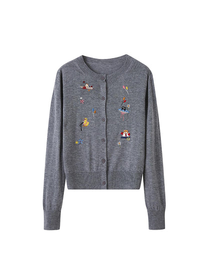 DIDDI MODA Colorful Cartoon Embroidered Round Neck Knit Cardigan