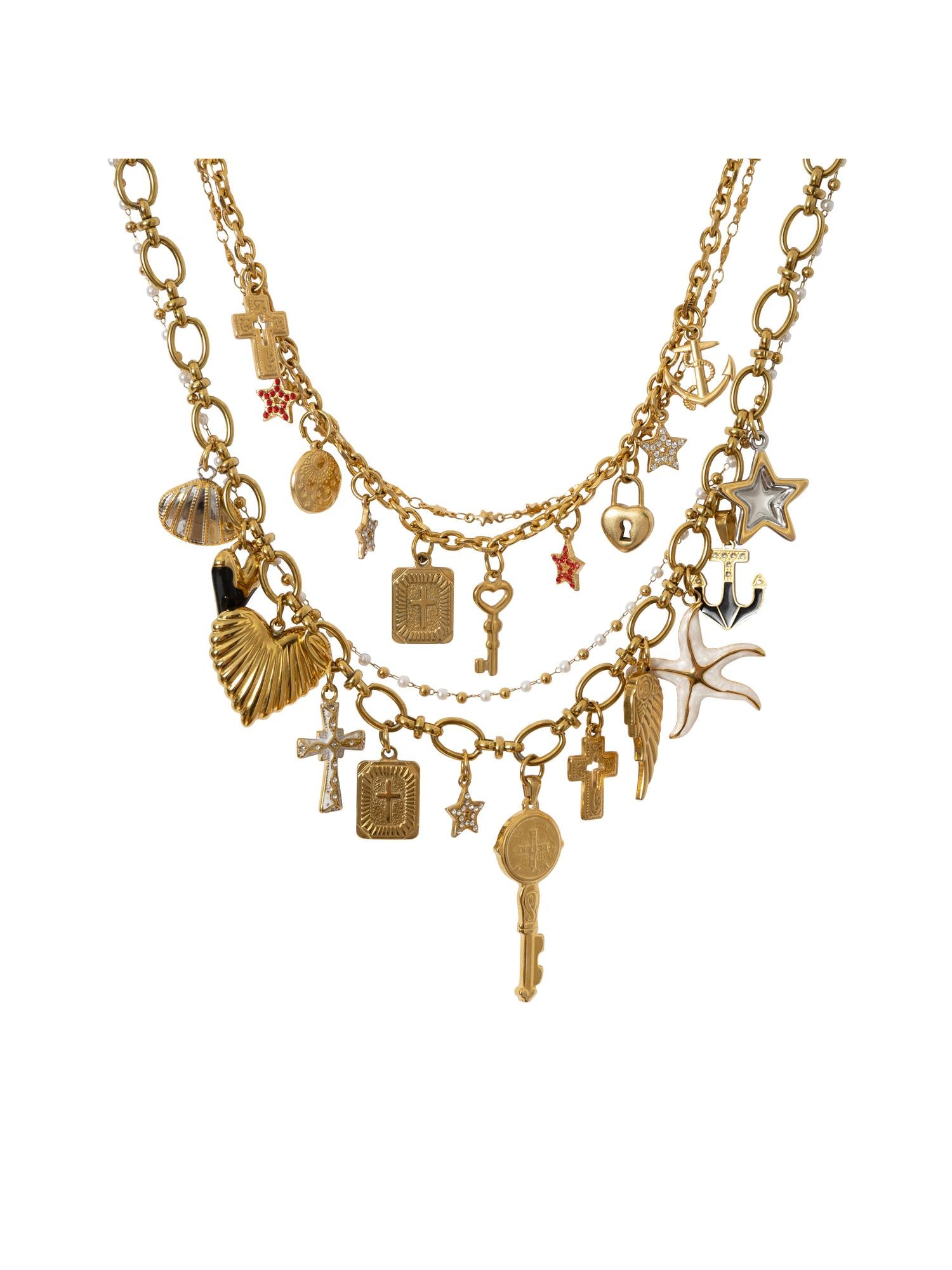 NO ROMANCE Punk Retro Cross Layered Necklace With Heart &amp; Rhinestones