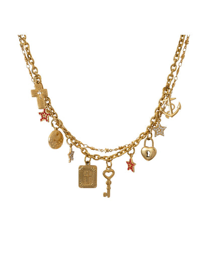 NO ROMANCE Punk Retro Cross Layered Necklace With Heart &amp; Rhinestones
