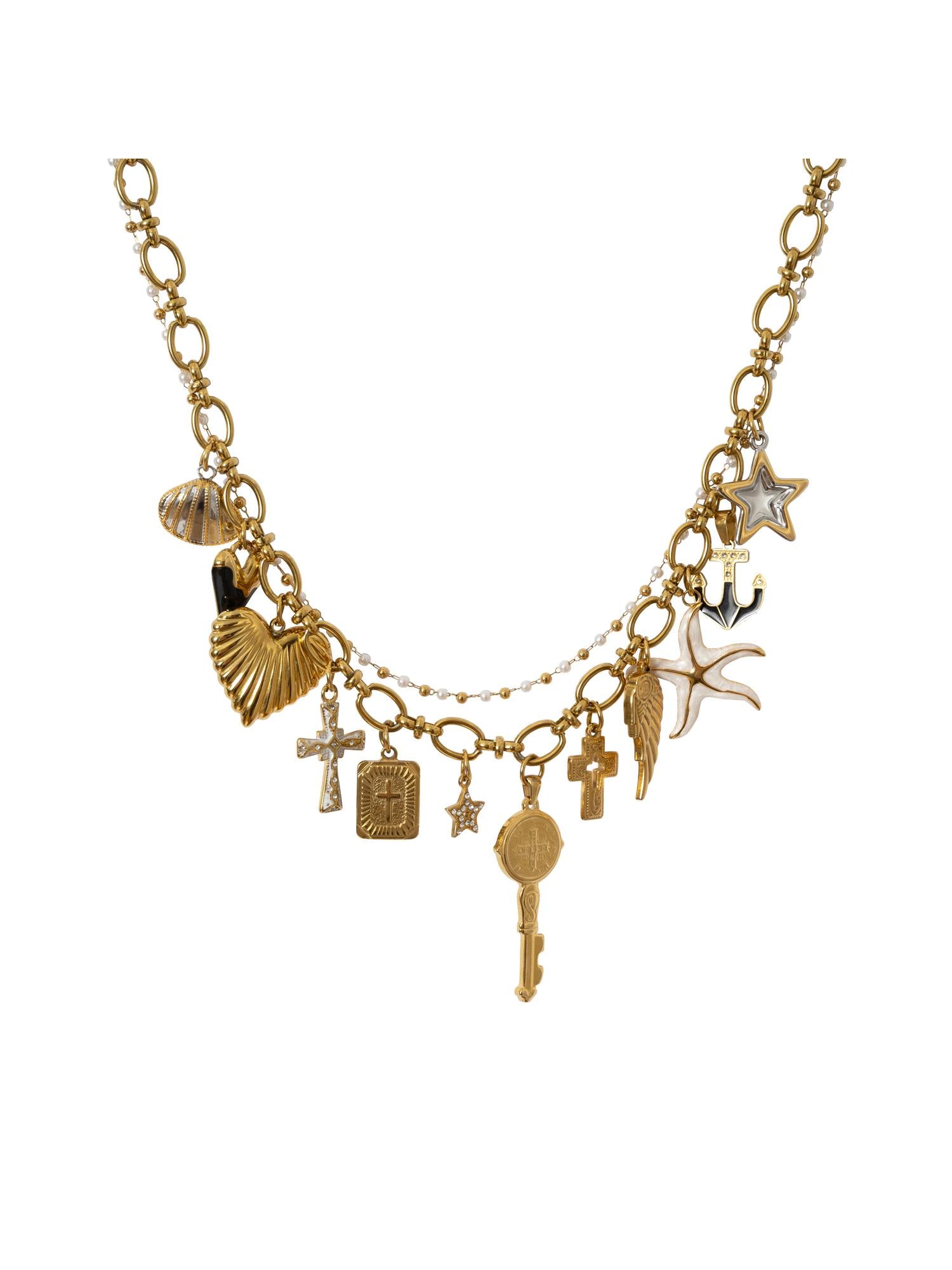 NO ROMANCE Punk Retro Cross Layered Necklace With Heart &amp; Rhinestones