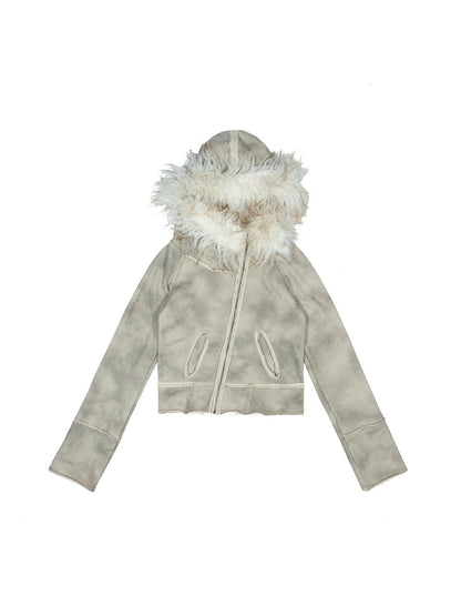Y2K Punk Sporty Cropped Jacket With Fur Trim 70% Acrylic 30% Polyester