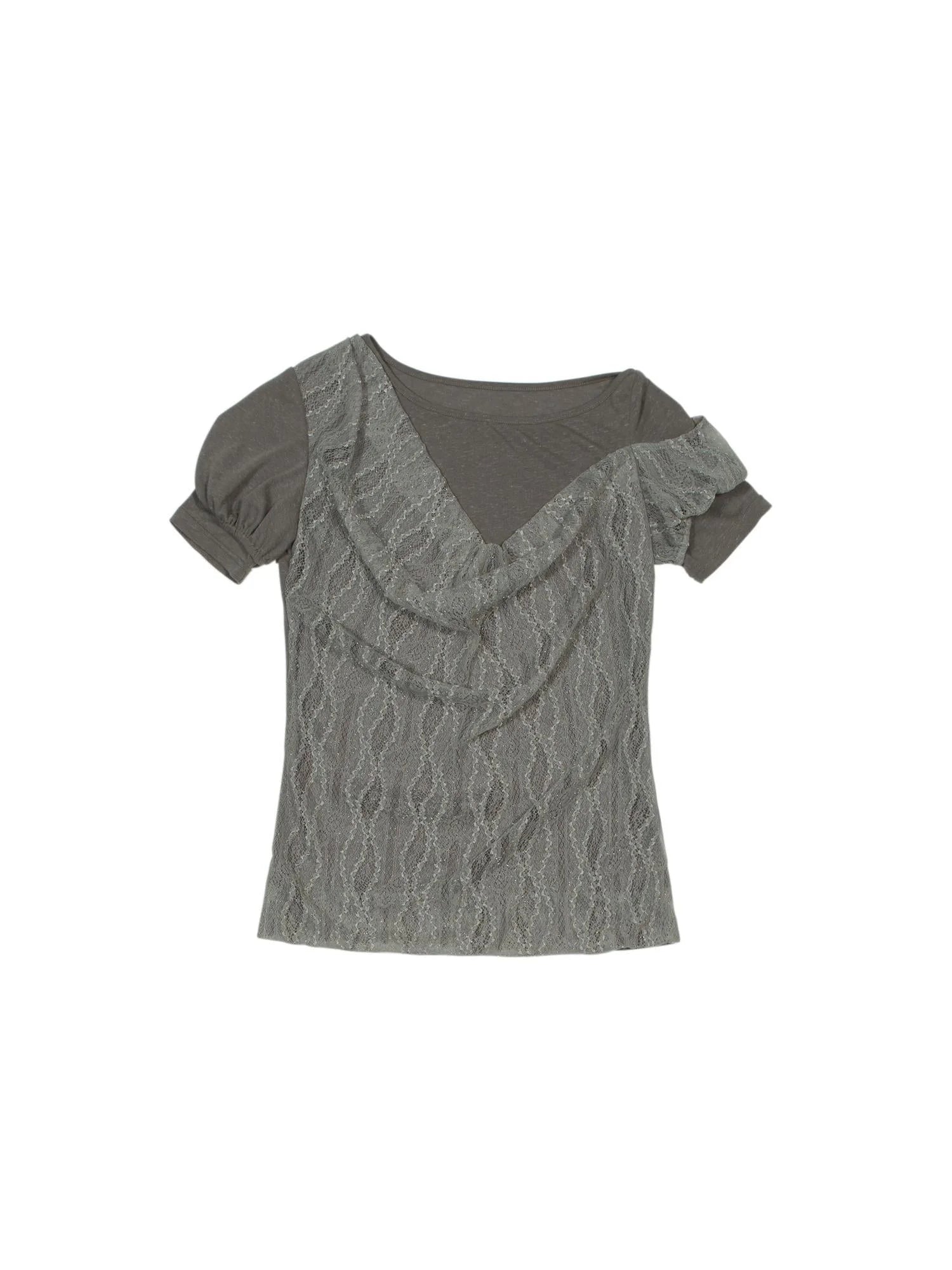 Summer Lace Trim Peplum Tee With Puff Sleeves