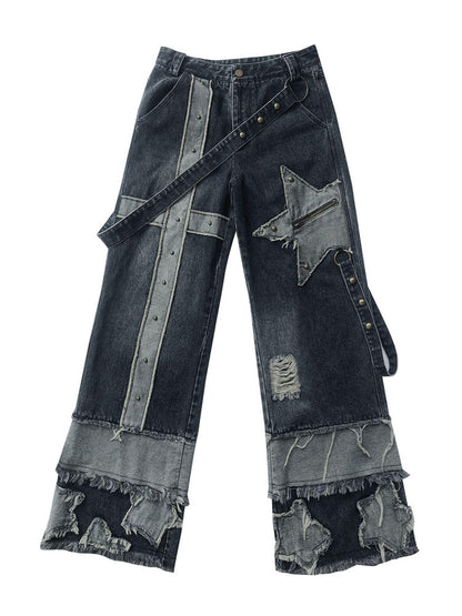 WSW WUSHENWU Echo Headphone Denim Low Rise Wide Leg Washed Jeans With Studs