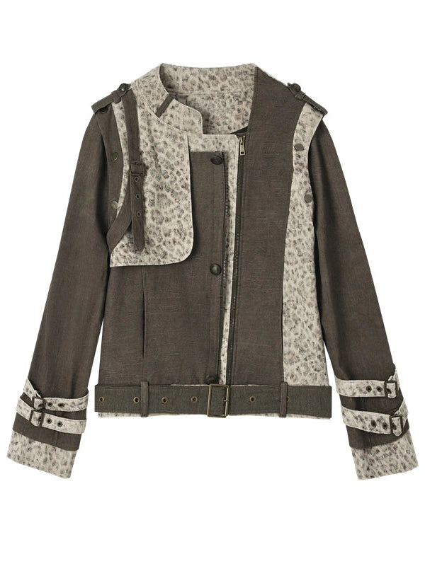 Retro Punk Detachable Vest Patchwork Leopard Jacket Coat