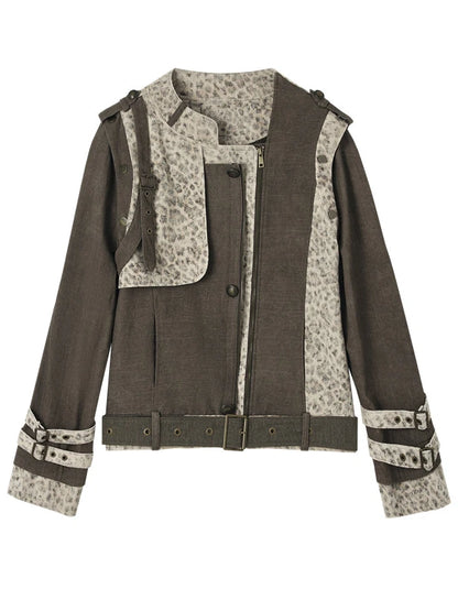 Retro Punk Detachable Vest Patchwork Leopard Jacket Coat