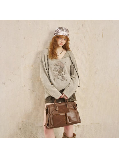 Western Cat V Neck Loose Knit Top