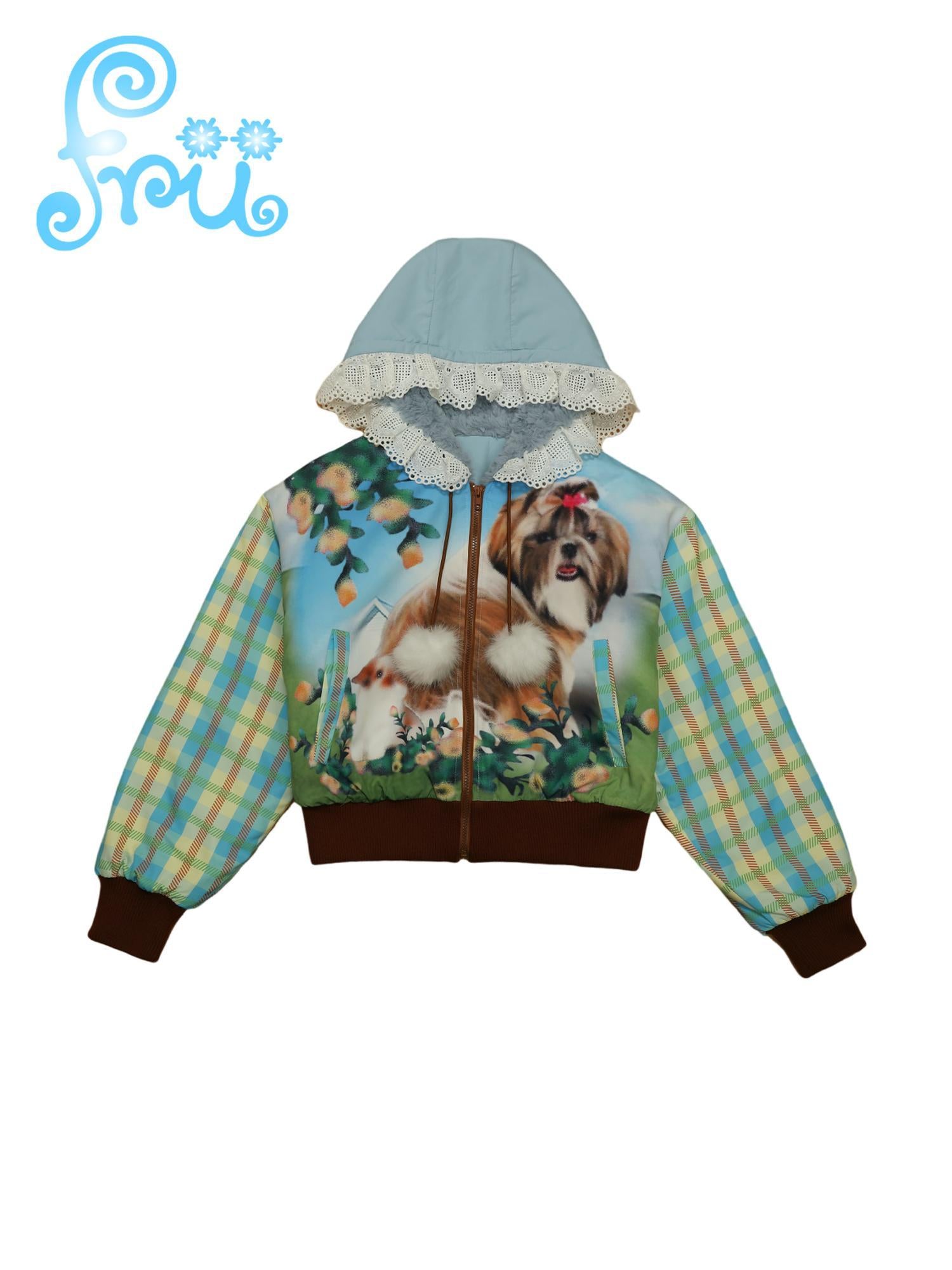 Frufru Gulu Winter Pup Print Short Puffer Coat For Girls