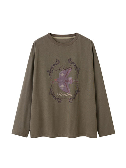DIDDI MODA Swallow Print Loose Fit Vintage Tee