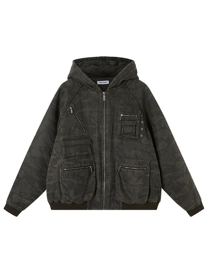 DIDDI MODA Retro Washed Camo Hooded Utility Jacket