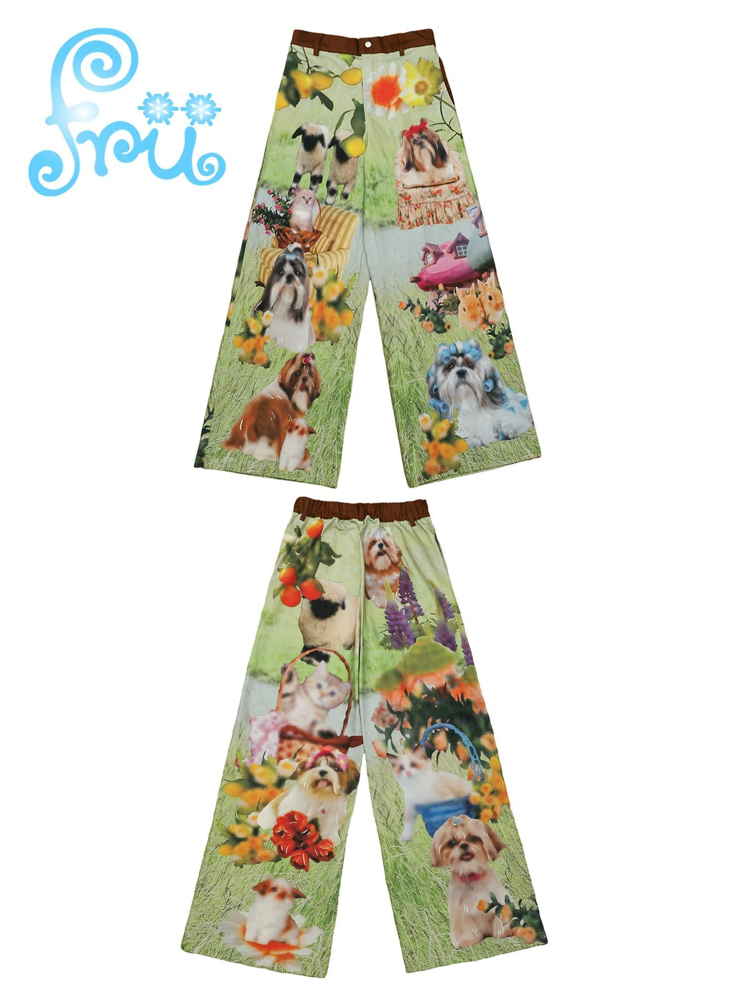 Frufru Gulu Y2K Green Dog Print Wide Leg Pants