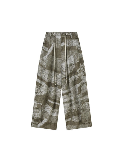 Bohemian Print Drawstring Wide Leg Pants